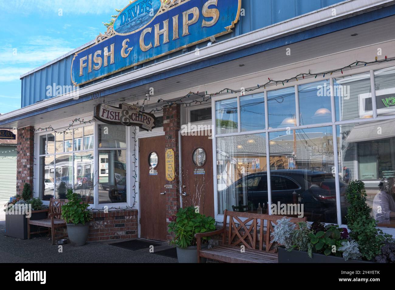 Front exterior of Dave`s Fish & Chips Restaurant in Steveston Village, Richmond, B. C., Canada Stock Photo
